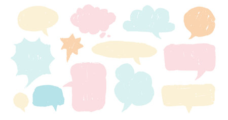 Naive speech bubbles pack. Doodle boho sketch style of chat clouds in natural tones. Dialogue, discussion, message, thoughts comic sketch. Scandinavian nursery Design for kidsのイラスト素材