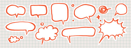Red Scribble Speech Bubble Doodle Pack. Playful hand drawn elements in childish crayon or marker style. Kids Comic text boxes, sticker elements with rough cutout edges for scrapbook, journalingのイラスト素材
