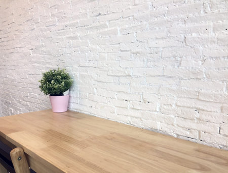 Green plastic tree in the pink pot set decor on the wooden table and white wall background.Desk for...