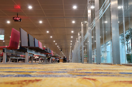 Yangon, Myanmar June 11, 2018: Seat for passenger sit and waiting to board with beautiful carpet in...