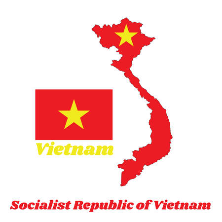 Map outline and flag of Vietnamese in red and yellow star with name text of Vietnam.のイラスト素材