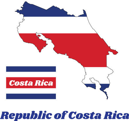 Map outline and flag of Republic of Costa Rica in blue red and white color with name text of Costa Rica.のイラスト素材