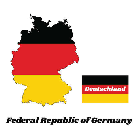 Map outline and flag of Germany in yellow red and black color with name text of Federal Republic of Germany and Deutschland.のイラスト素材
