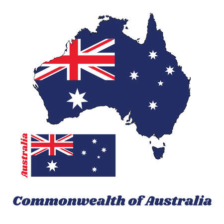 Map outline and flag of Australia in blue red and white color with white star and Union Jack, name text of Commonwealth of Australia.のイラスト素材