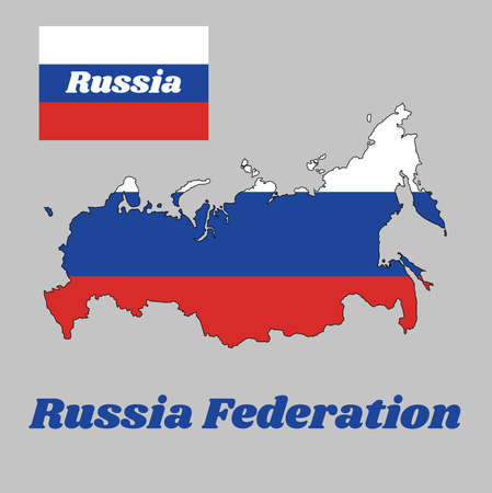 Map outline and flag of Russia, It a tricolor flag consisting of three equal horizontal fields: white on the top, blue in the middle and red on the bottom, with name text of Russia Federation.のイラスト素材