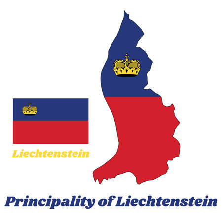 Map outline country shaped and flag of Liechtenstein, It is a horizontal bicolor of blue and red, charged with a gold crown in the canton with name text Principality of Liechtenstein.のイラスト素材