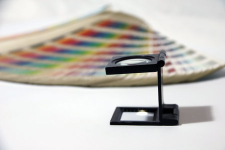 Black square Magnifying glass and Rainbow Sample Colors Palette Catalog, Color swatches book...