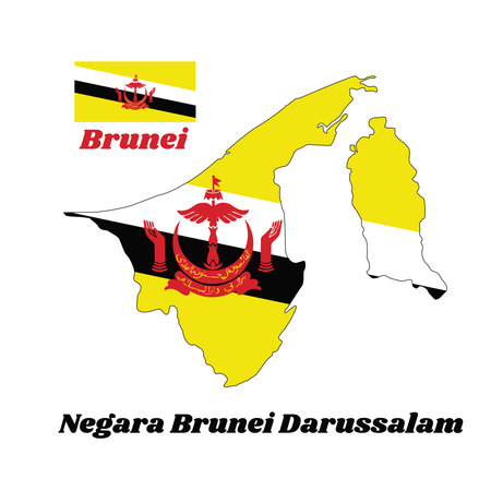 Map outline and flag of Brunei, a centered red crest on yellow field cut by black and white diagonal stripes, with name text of Negara Brunei Darussalam.のイラスト素材