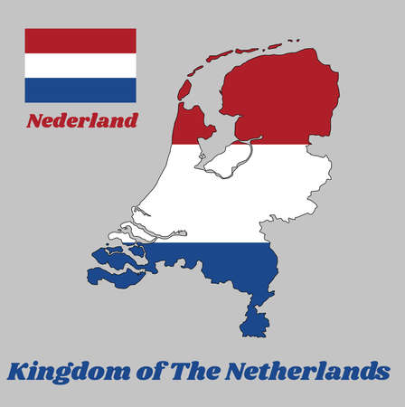 Map outline and flag of Nederland, it is a horizontal tricolor of red, white, and blue. with name text Kingdom of Netherlands.のイラスト素材