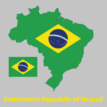 Map outline of Brazil, a green field with the large yellow diamond and blue globe with National Motto and star, text Federative Republic of Brazil.のイラスト素材