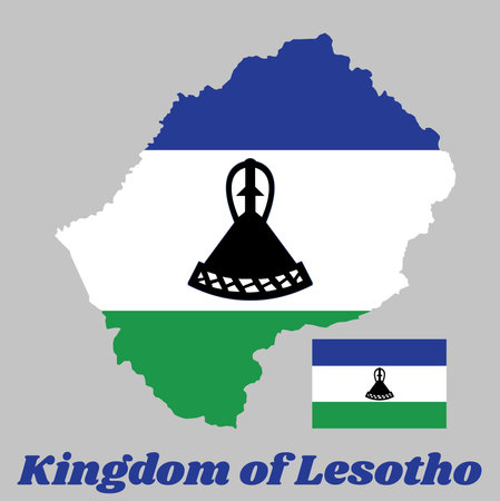 Map outline and flag of Lesotho, A horizontal triband of blue, white and green; charged with a black mokorotlo (a Basotho hat) centred on the white band. with name text Kingdom of Lesotho.のイラスト素材