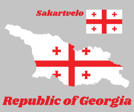 Map outline and flag of Georgia, White rectangle, with in its central portion a large red cross. In the four corners there are four Bolnur-Katskhuri crosses. with name text Republic of Georgia and Sakartvelo.のイラスト素材