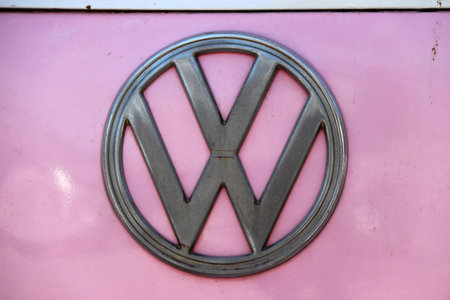 Samkhok, Pathum Thani, Thailand, July 1, 2018 : Metal logo of Volkswagen on pink background. It is...