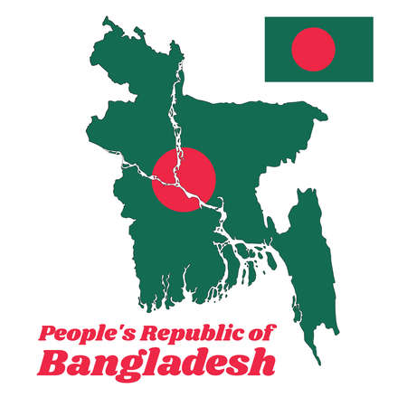 Map outline and flag of Bangladesh, a red disc on green field and name text People's Republic of Bangladesh.のイラスト素材