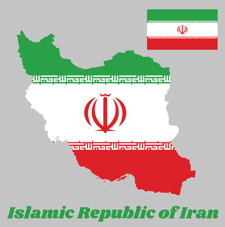 Map outline and flag of Iran, a orizontal tricolor of green, white and red with the National Emblem in red centre and the Takbir written in the Kufic script in white, and name text Islamic Republic of Iran.のイラスト素材