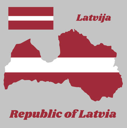Map outline and flag of Latvia, a carmine field bisected by a narrow white stripe (one-fifth the width of the flag). with name text Republic of Latvia.のイラスト素材