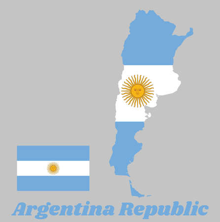Map outline of Argentina, a horizontal triband of light blue (top and bottom) and white with the Sun of May centered on the white band, text name Argentina Republic.のイラスト素材