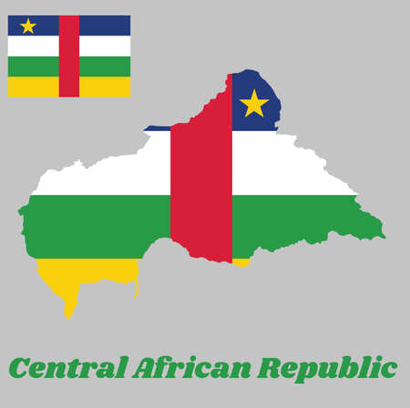 Map outline and flag of Central African, Four horizontal stripes of blue, white, green and yellow intersected by one vertical stripe of red in the middle; with a yellow star. with name text Central African Republic.のイラスト素材