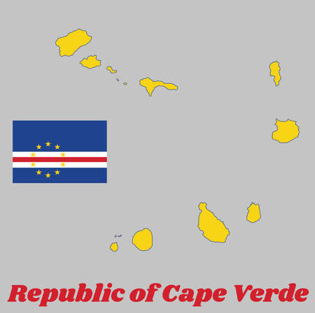 Map outline and flag of Cape Verde, horizontal bands of blue white and red with the circle of ten star. with name text Republic of Cape Verde.のイラスト素材