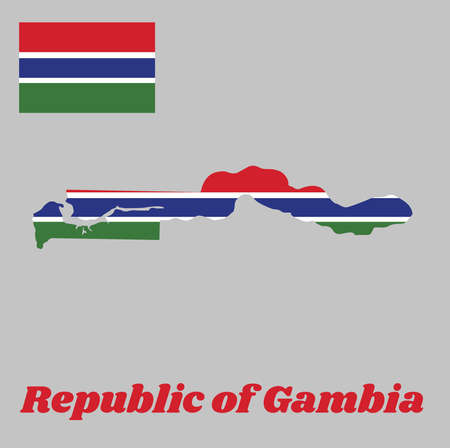 Map outline and flag of Gambia, A horizontal tricolor of red, blue and green; each band of colour is separated by a narrow band of white. with name text Republic of Gambia.のイラスト素材