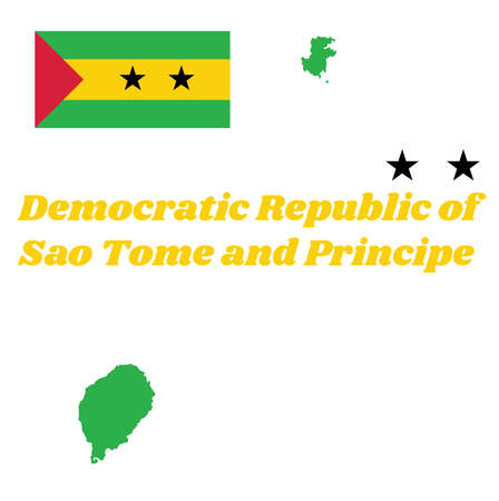 Map outline and flag of Sao Tome and Principe, A horizontal of green, yellow and green with a red triangle and two black stars. with name text Democratic Republic of Sao Tome and Principe.のイラスト素材