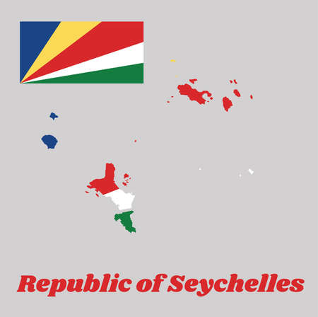 Map outline and flag of seychelles, five oblique bands of blue, yellow, red, white and green radiating from the bottom of the hoist side. with name text Republic of seychelles.のイラスト素材