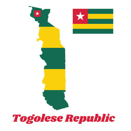 Map outline and flag of Togo, Five equal horizontal bands of green alternating with yellow; with a red canton bearing a white star. with name text Togolese Republic.のイラスト素材