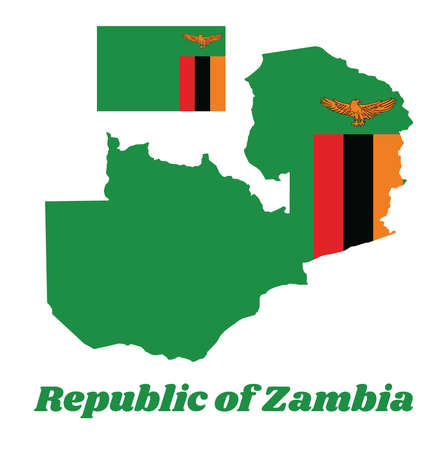Map outline and flag of Zambia, A green field with an orange colored eagle in flight over a rectangular block of three vertical stripes red, black and orange. with name text Republic of Zambia.のイラスト素材