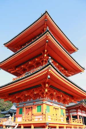 Kiyomizu, Higashiyama-ku, Kyoto Japan, November 17, 2017 : Pagoda three layer of roof at Kiyomizu temple. It is a buddhist temple in eastern Kyoto. The temple is part of the Historic Monuments of Ancient Kyoto UNESCO World Heritage site.のeditorial素材