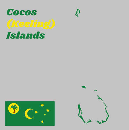 Map outline and flag of Cocos (Keeling) Islands. Green, with a palm tree on a gold disc, a gold crescent in the centre and a gold southern cross in the fly. with name text Cocos (Keeling) Islands.のイラスト素材