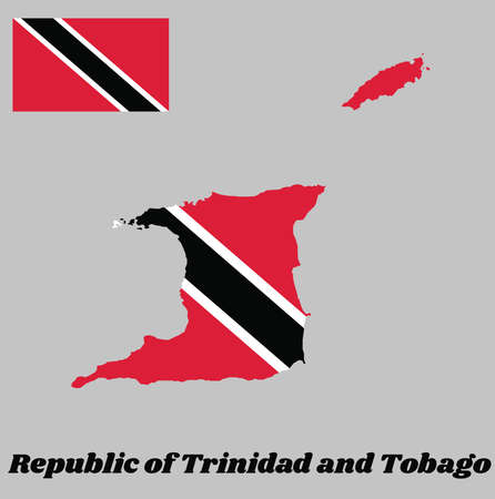 Map outline and flag of Trinidad and Tobago. A red field with a white-edged black diagonal band from the upper hoist-side to the lower fly-side. with name text Republic of Trinidad and Tobago.のイラスト素材