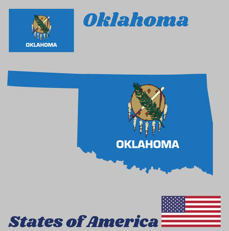 Map outline and flag of Oklahoma, Buffalo-skin shield with seven eagle feathers on a sky blue field. With American flag.のイラスト素材