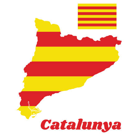 Map outline and flag of Catalonia, The red stripe on golden background. with name text Catalunya.のイラスト素材