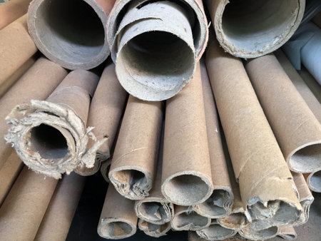Stack together of old paper core. pile of brown paper tubes.