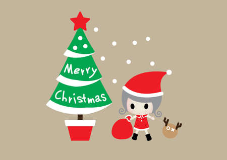 The girl in red Santa dress with a gift bag standing beside Christmas tree in red pot and red star on top, with background white point symbol of snow and brown Reindeer. The Christmas concept festival of celebration.のイラスト素材