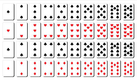 cards for play from one to ten. Spades, diamond, heart and clubs shape in red and black color.のイラスト素材