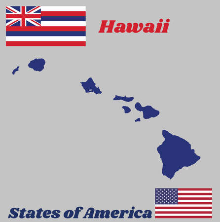 Map outline and flag of Hawaii, Eight alternating horizontal stripes of white, red, and blue, with a Union flag in the canton. With American flag.のイラスト素材