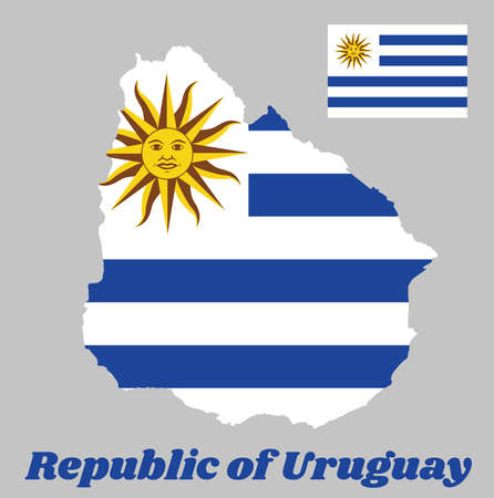 Map outline and flag of Uruguay, horizontal stripes of white alternate with light blue and the Sun of May, with name text Republic of Uruguay.のイラスト素材