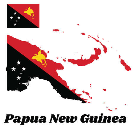 Map outline and flag of Papua New Guinea, triangle is red with the soaring Raggiana Bird of Paradise and the lower triangle is black with the Southern Cross of white star. with name text Papua New Guinea.のイラスト素材