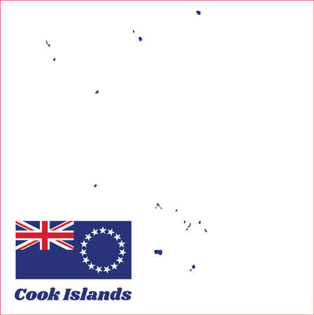 Map outline and flag of Cook Islands, Blue ensign with a ring of fifteen white stars in the fly. with name text Cook Islands.のイラスト素材