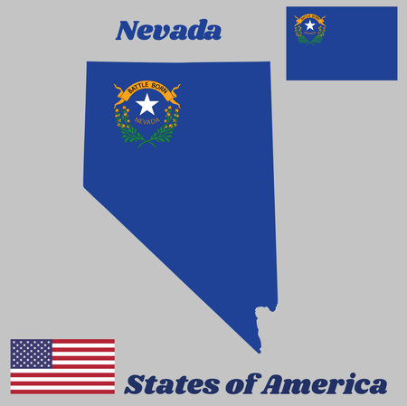 Map outline and flag of Nevada, Solid cobalt blue field. The canton contains two sagebrush branches encircling a silver star with the text Nevada and Battle Born. With American flag.のイラスト素材
