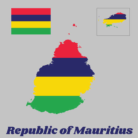 Map outline and flag of Mauritius, Four horizontal bands of red, blue, yellow and green. with name text Republic of Mauritius.のイラスト素材
