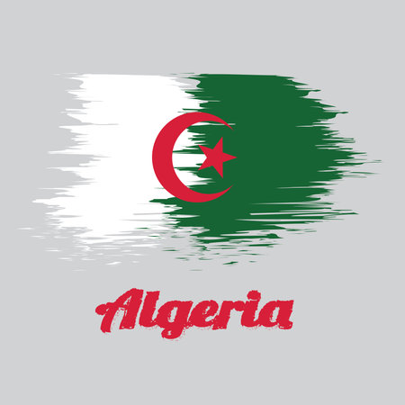 Brush style color flag of Algeria, it is of two equal vertical bars, green and white, charged in the center with a red star and crescent. with name text Algeria.のイラスト素材