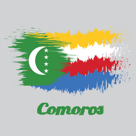 Brush style color flag of Comoros, yellow white red and blue with  green chevron, crescent and star....