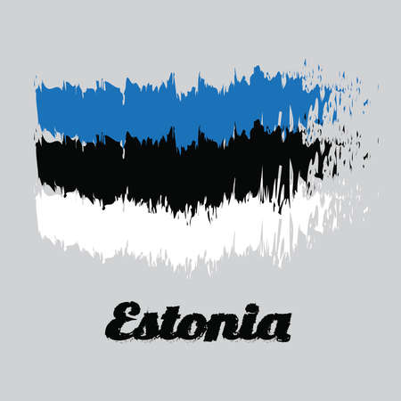 Brush style color flag of Estonia, a horizontal triband of blue, black and white. with name text Estonia.のイラスト素材