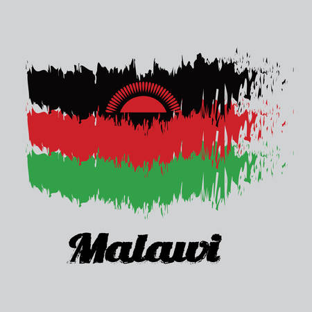 Brush style color flag of Malawi, black red and green; charged with a red rising sun centred on the black stripe. with text Malawi.のイラスト素材