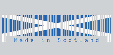 Barcode set the color of Scotland flag, it is a blue field with a white diagonal cross that extends to the corners. text: Made in Scotland, concept of sale or business.のイラスト素材