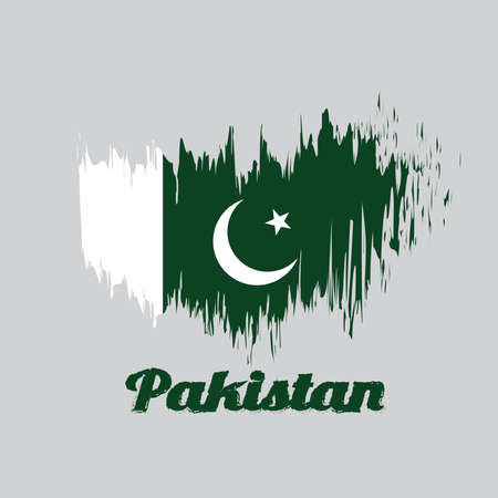 Brush style color flag of Pakistan, white star and crescent on a dark green field, with a vertical white stripe at the hoist with text Pakistan.のイラスト素材