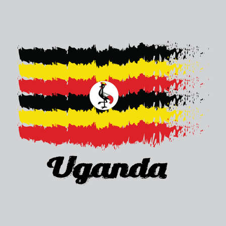 Brush style color flag of Uganda, black yellow and red ; a white disc depicts the national symbol, a grey crowned crane with text Uganda.のイラスト素材