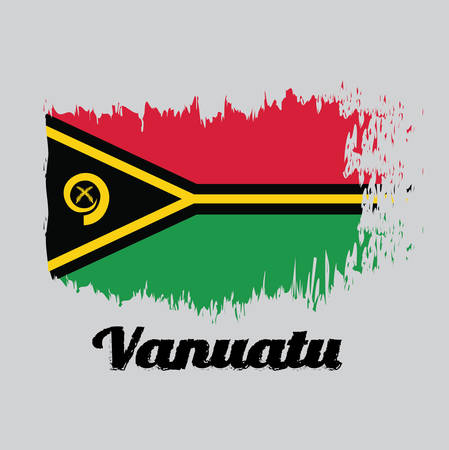 Brush style color flag of Vanuatu, red and green with black and yellow color boar's tusk encircling two crossed fern fronds in the center and the golden pall with text Vanuatu.のイラスト素材